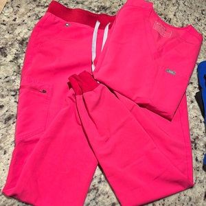 Figs shocking pink jogger and one pocket top set